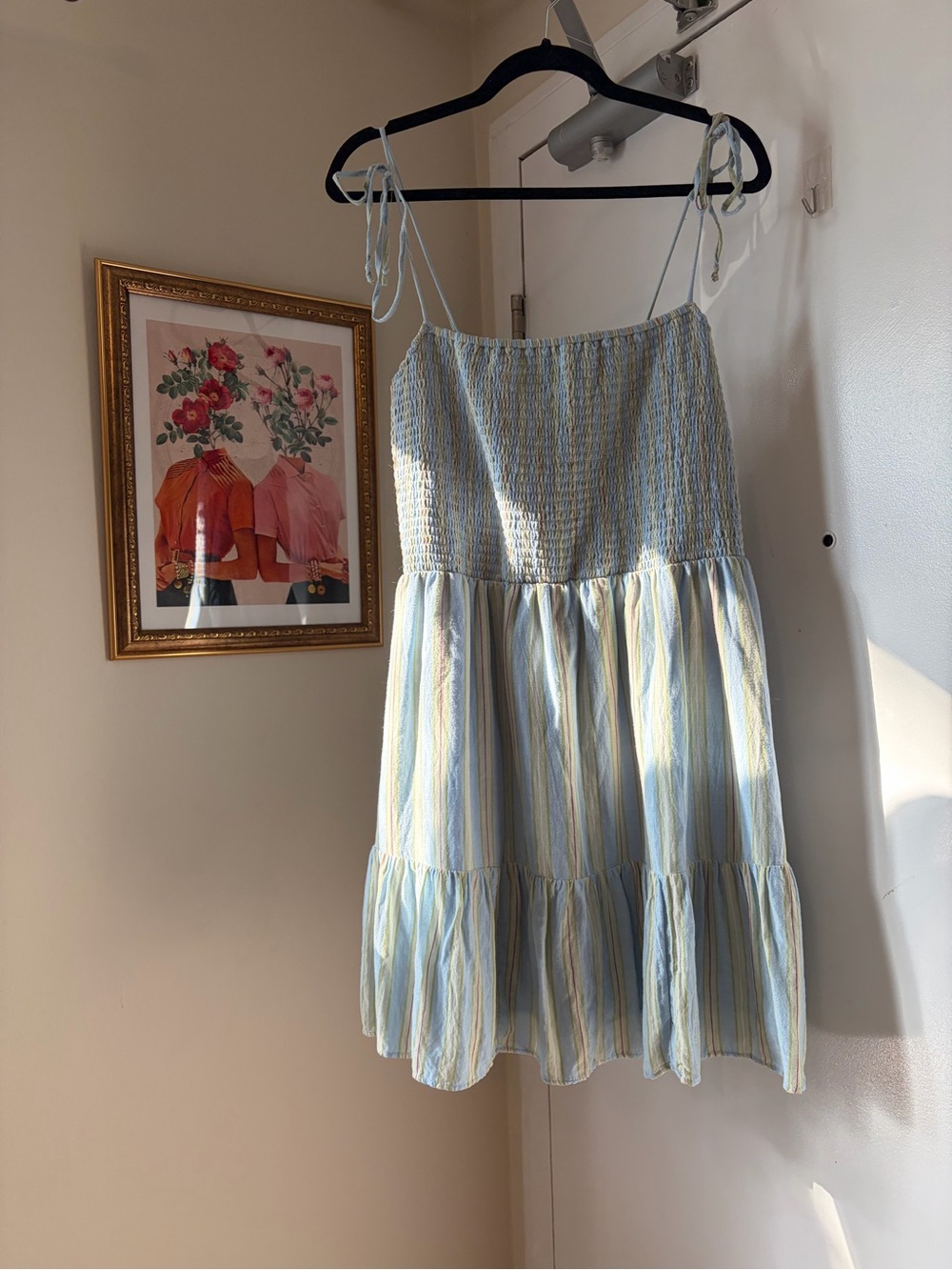 American Eagle Outfitters Light Blue and green Striped Smocked Sundress